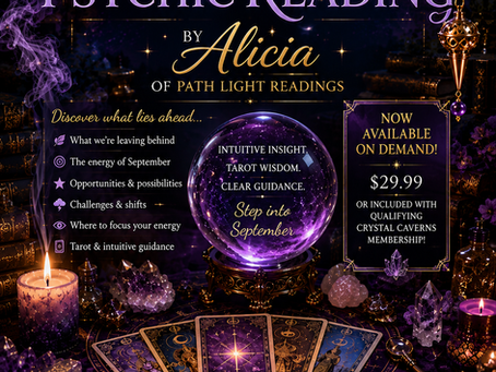 September 2026 Monthly Psychic Reading graphic featuring a mystical purple and gold psychic table with a glowing crystal ball, tarot cards, crystals, candles, pendulum, incense and antique books.