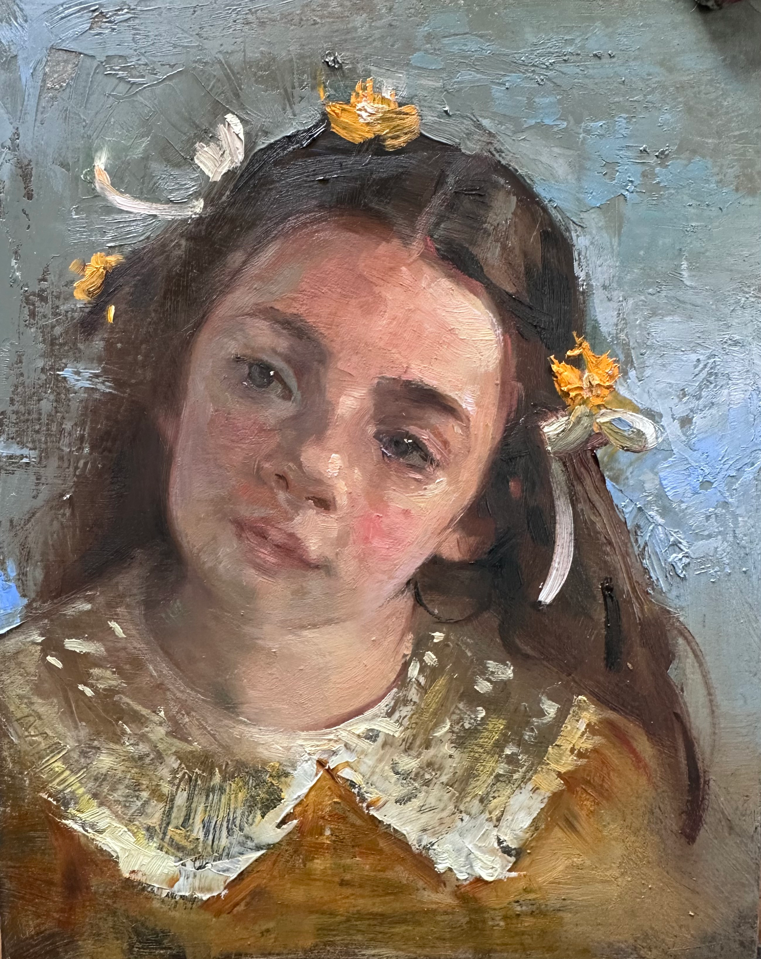 Yellow Flowers in Her Hair, 10x8” oil on board, wired, edges finished