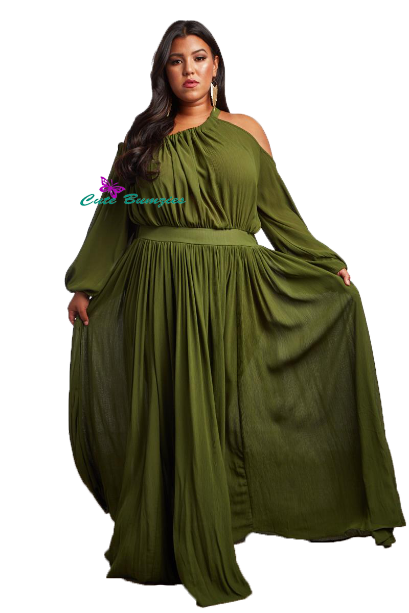 shoulder, Olive Color Maxi Dress 