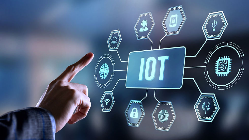 Gambar: interface IoT digital dengan ikon keamanan dan konektivitas.