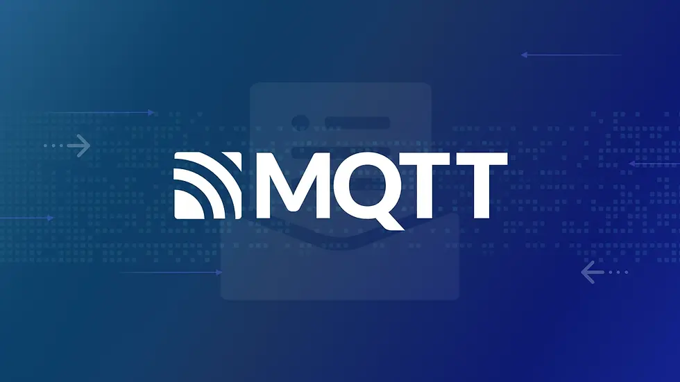 Gambar: Logo MQTT dengan ikon sinyal wireless pada latar belakang teknologi biru.