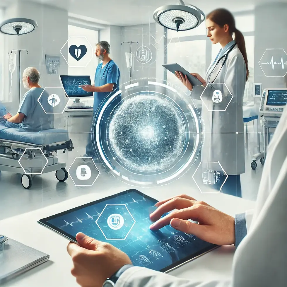 Gambar: Ilustrasi ruang rumah sakit modern dengan dokter dan perawat yang menggunakan teknologi digital seperti tablet dan layar data untuk merawat pasien, menggambarkan integrasi teknologi dalam layanan kesehatan.