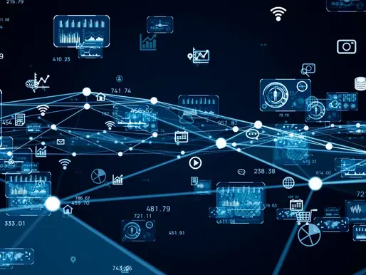 Gambar: Visualisasi jaringan Internet of Things (IoT) dengan ikon perangkat terhubung dan data digital.