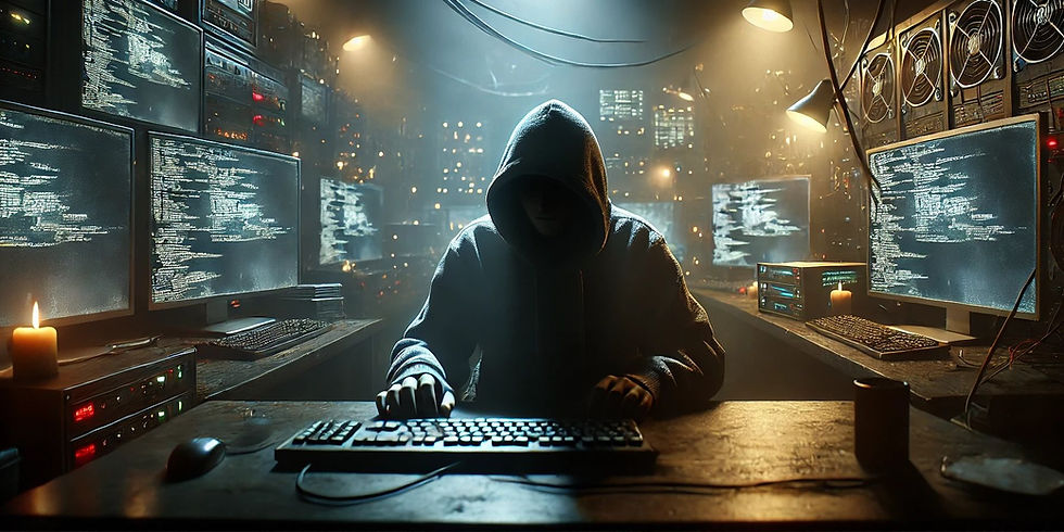 Gambar: Seseorang berkerudung duduk di depan banyak layar komputer dengan kode, suasana gelap dan misterius seperti markas hacker.