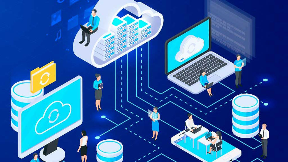 Gambar: Ilustrasi tim IT yang mengelola infrastruktur cloud computing dengan server, database, dan laptop yang saling terhubung dalam jaringan digital.