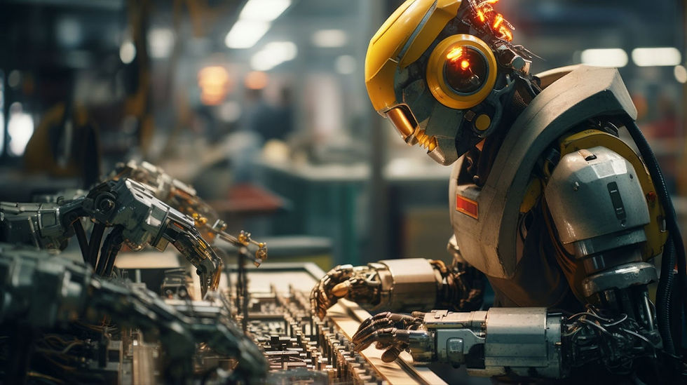 Gambar: Sebuah robot canggih dengan lampu mata menyala sedang fokus merakit bagian elektronik di jalur produksi pabrik.