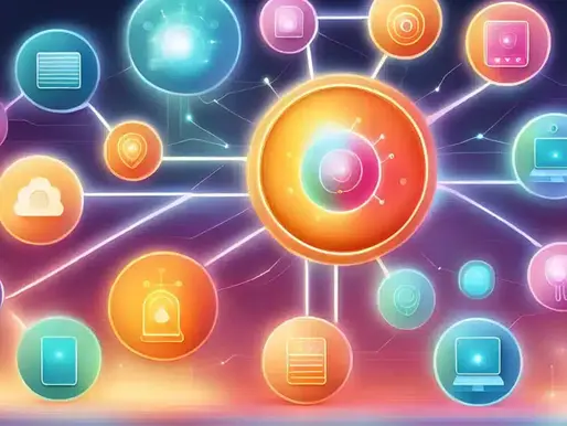 Gambar: Desain futuristik koneksi IoT dengan simbol perangkat digital berwarna cerah yang terhubung satu sama lain.