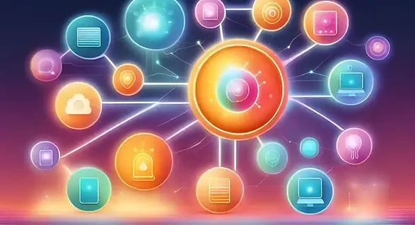 Gambar: Desain futuristik koneksi IoT dengan simbol perangkat digital berwarna cerah yang terhubung satu sama lain.