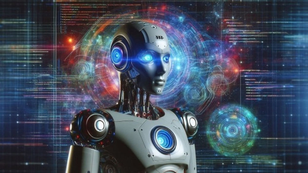 Gambar: robot canggih dengan mata bercahaya di tengah kode dan data.