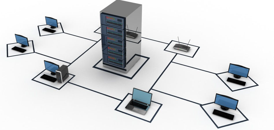 Gambar : ini menunjukkan sebuah rak server besar berwarna abu-abu di tengah, yang terhubung ke beberapa perangkat lain dengan garis hitam yang melambangkan kabel jaringan. Ada empat komputer desktop, satu laptop, dan dua router nirkabel yang semuanya terhubung ke server utama.
