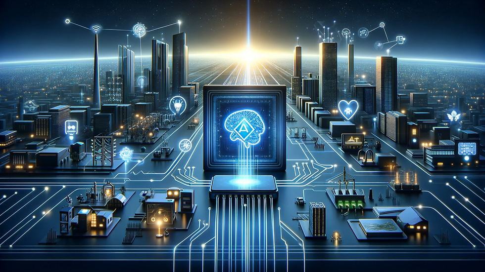 Gambar: Ilustrasi kota digital futuristik dengan teknologi AI terpusat, menggambarkan koneksi antara berbagai sektor seperti kesehatan, energi, industri, dan transportasi melalui jaringan pintar.