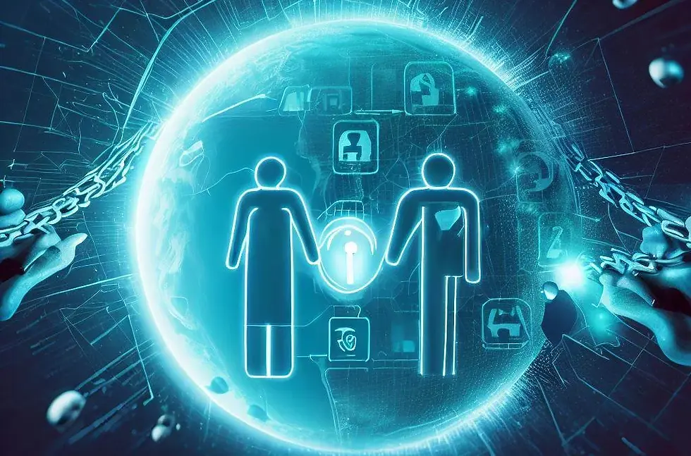 Gambar:Ilustrasi digital keamanan data biometrik dengan ikon orang dan simbol keamanan berlatar biru futuristik.