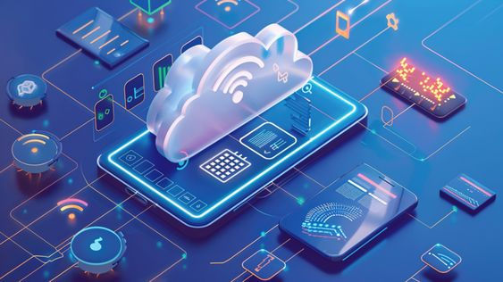 Gambar: Ilustrasi konsep cloud computing dan IoT dengan smartphone di tengah yang terhubung ke cloud, dikelilingi berbagai perangkat pintar dan ikon jaringan wireless.