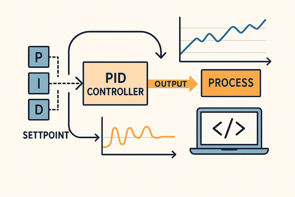 Gambar: Diagram sistem PID Controller yang menunjukkan tiga komponen P, I, D menerima input setpoint, menghasilkan sinyal output ke proses, dengan visualisasi grafik performa dan monitoring melalui komputer.