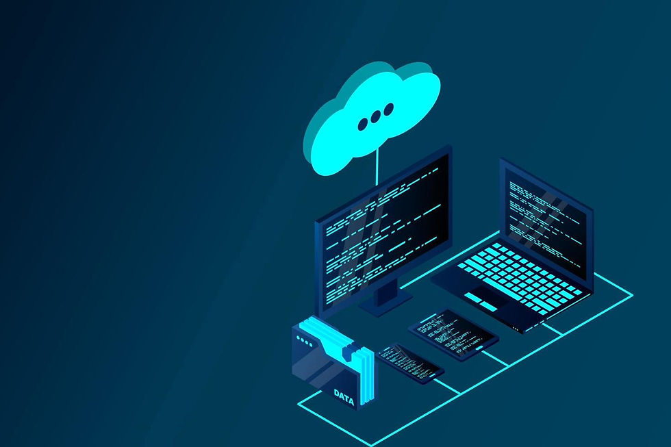 Gambar: Ilustrasi isometrik konsep cloud computing dengan laptop yang menampilkan kode programming di layarnya.