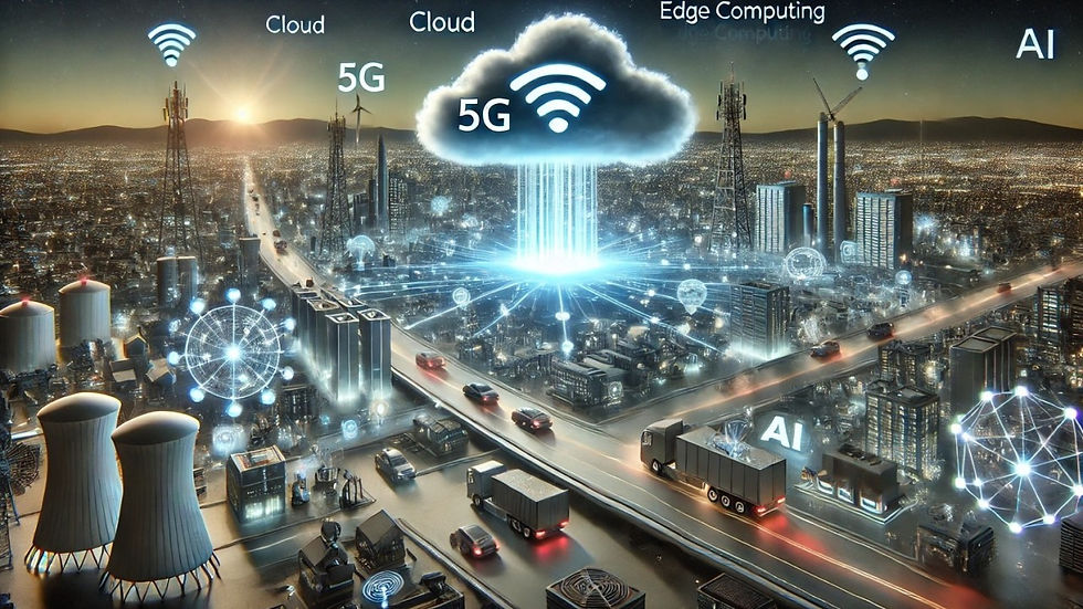Gambar: Ilustrasi kota pintar futuristik dengan teknologi 5G, cloud, AI, dan edge computing yang saling terhubung, menggambarkan ekosistem digital yang canggih.