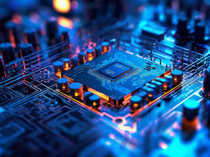 Gambar: Papan sirkuit komputer dengan chip processor di tengah, dikelilingi kapasitor dan komponen lain yang bercahaya biru orange.