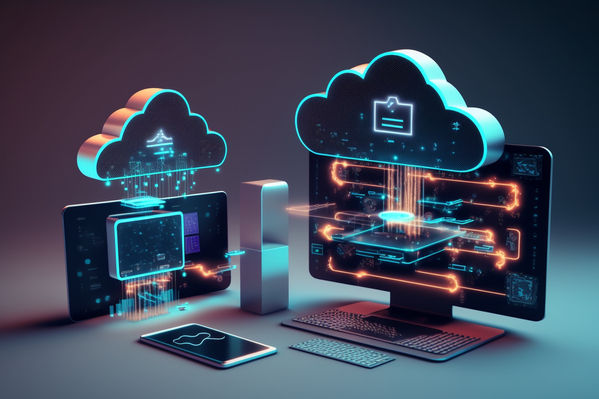 Gambar:Ilustrasi futuristik menampilkan dua perangkat komputer dengan layar transparan yang terhubung ke ikon cloud berwarna biru cyan.