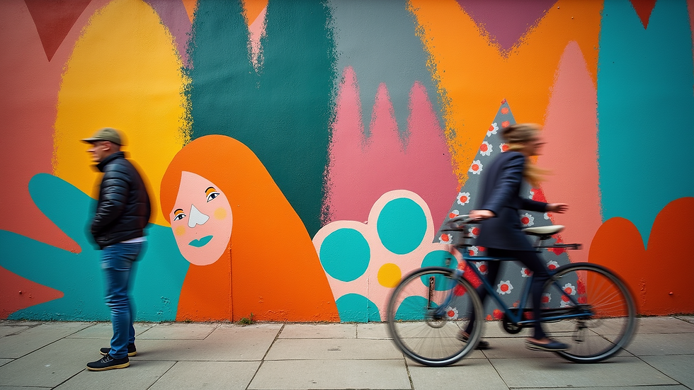 Eye-level view of a colorful mural depicting abstract shapes and figures