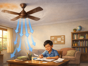 A boy studying under a ceiling fan