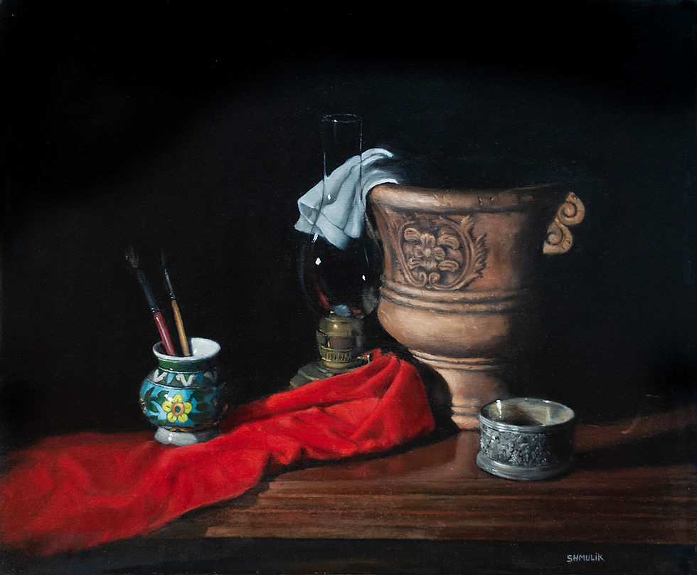 Oil on Canvas. The artwork captures a dramatic Victorian atmosphere, portraying still life in a classical technique. Various materials and textures are depicted, where even several points of light create a beautiful glass. Bold red breaks the semi-uniformity of the tones.
Artist: Samuel