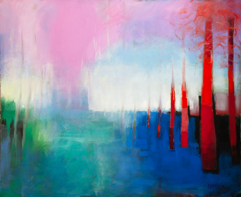 Oil on board. "Vision" presents an enigmatic scene, blurring lines against an endless blue backdrop. The distant merges with purple-pink colors, creating a harmonious dance that generates a mesmerizing, magical space. Bold reds mellow into the infinite tranquility. Sharp and soft brushstrokes blend seamlessly together.
Artist: Samuel
Original size: 120 by 100 cm