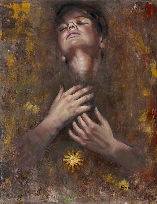 A Wish- Oil on Canvas. "A Wish" portrays a precise female figure in a classic, photorealistic style against a free, modern backdrop. The contemplative figure appears to be praying to the unseen. The hands convey to the viewer the depth of emotions and prayers. Around the neck hangs a pendant resembling a mystical sun.
Artist: Samuel
Original size: 60 by 50 cm