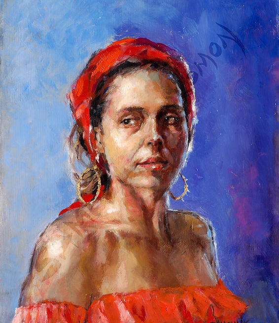 Gypsy Girl- Oil painting on Treated board. Executed in a semi-realistic, free, and liberated style, the painting depicts a mysterious Gypsy, adorned with a red headscarf and bold red attire, captivating viewers with a piercing gaze. Golden touches accentuate the figure's large earrings.
Artist: Samuel
Original size: 45 by 35 cm