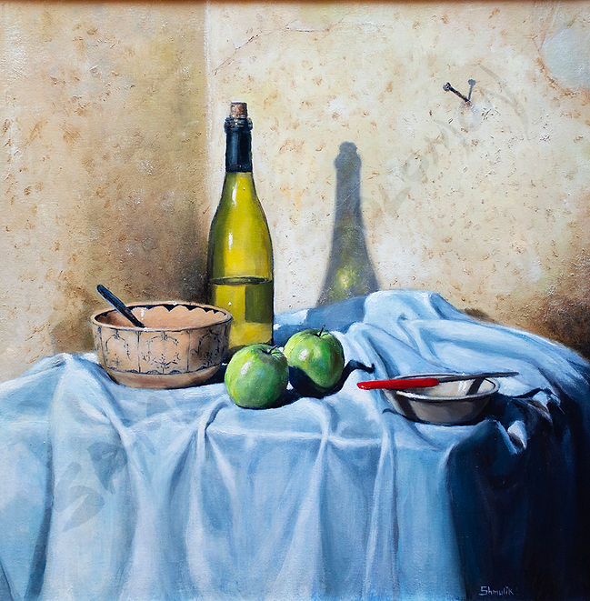 Two apples- Oil on Canvas. The Artwork depicts a hyper-realistic still-life scene with various materials.
A peaceful image composition with highly accurate detailed textures- bowl and walls, the liveliness of the apples, the reflection of the wine bottle, and the map’s fabrics.
Artist: Samuel
