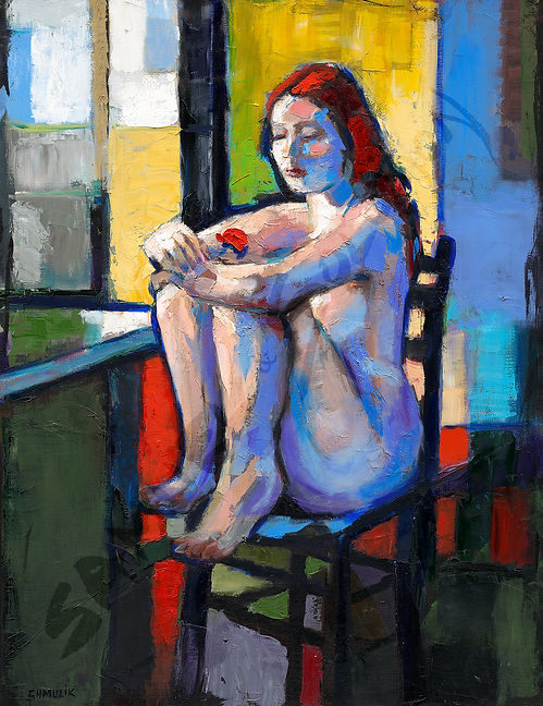 Red Flower- Oil knife on treated Board. "Red Flower" uses palette knife techniques, with bold and contrasting strokes that create a vibrant intense but vulnerable naked figure beside an open window. The figure holds a bright red flower, evoking a distant memory or a new greeting to come.
Artist: Samuel
Original size: 80 by 60 cm