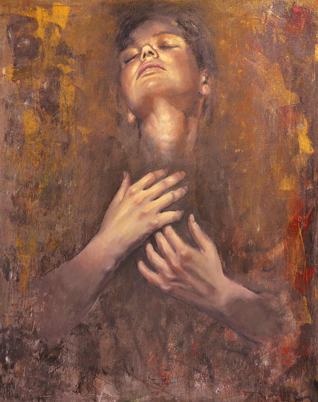 Oil on Canvas. "A Wish" portrays a precise female figure in a classic, photorealistic style against a free, modern backdrop. The contemplative figure appears to be praying to the unseen. The hands convey to the viewer the depth of emotions and prayers. Around the neck hangs a pendant resembling a mystical sun.
Artist: Samuel
Original size: 60 by 50 cm