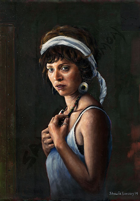 Wild Look- Oil on Canvas. The piece portrays a mysterious gypsy woman in a hyper-realistic style, her captivating gaze leaving the viewer transfixed. A variety of complex textures - skin tones, metal of the earring, and fabrics - adds depth to her allure.
Artist: Samuel
Original size: 70 by 50 cm