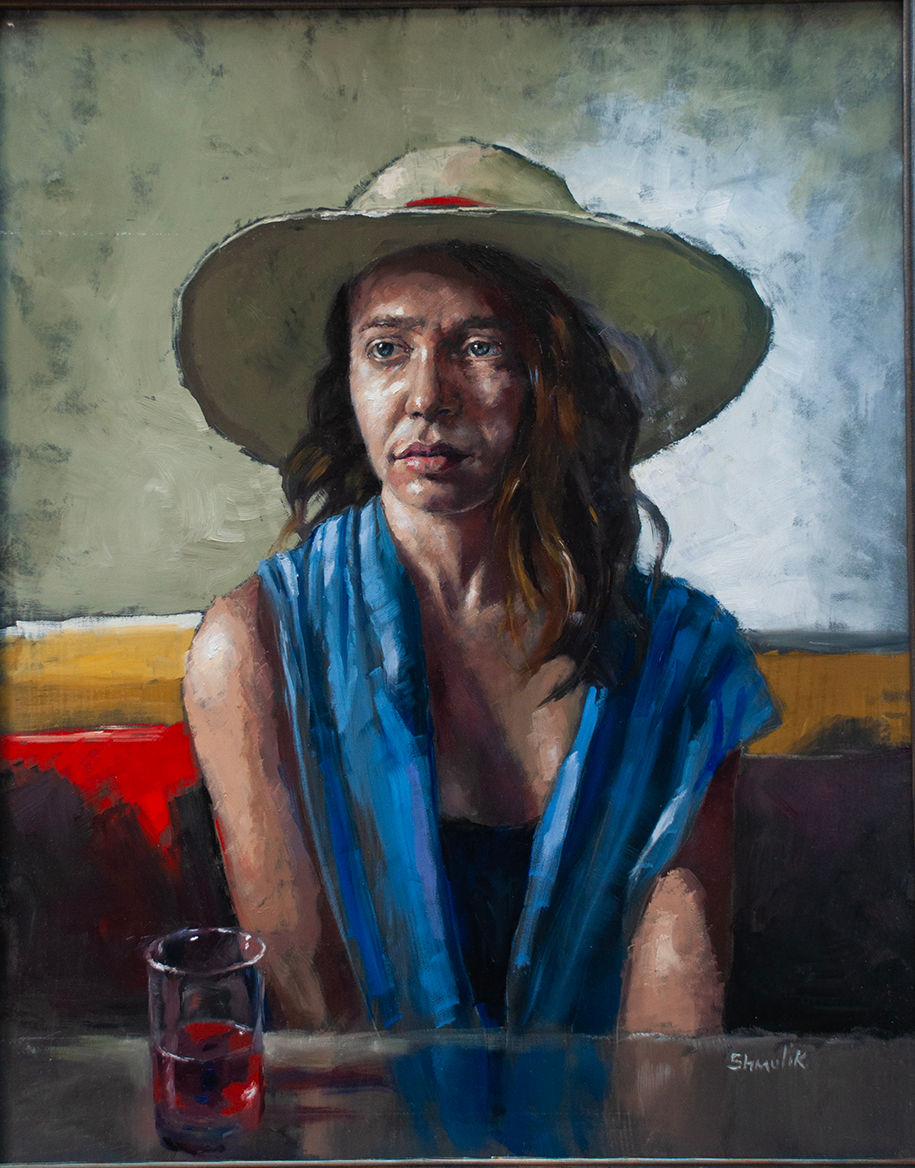 Bistrot - Oil on board. The painting "Bistrot" features a young woman with a mysterious expression and ambiguous emotions. An Impressionistic atmosphere pervades a modern coffee shop. The artwork is a homage to Degas's "L'Absinthe."
Artist: Samuel