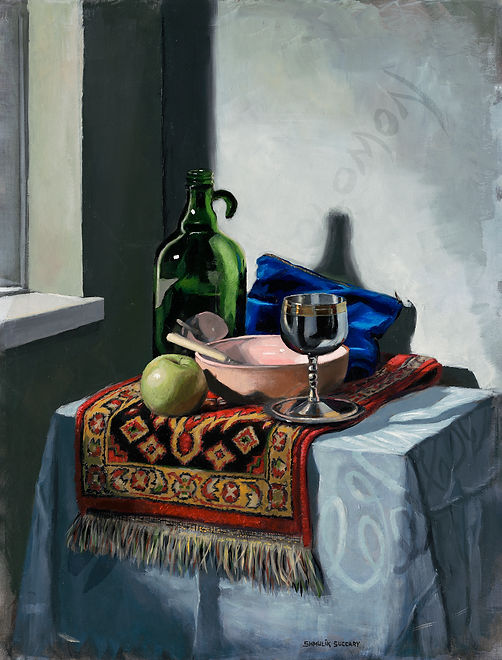 Dining Corner- Oil on Canvas. The piece depicts a hyper-realistic classic still-life scene with various materials.
Contrasting color schema between the subjects and the wall and table gray’s.
The viewer feels the texture of the carpet strings and the metal reflections. The artwork also holds subtle hints of Judaic artistry.
Artist: Samuel
Original size: 80 by 60 cm