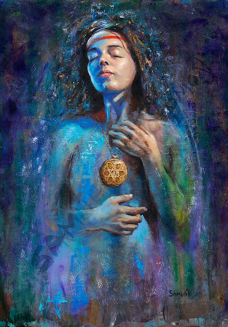 Blue Fairy- Oil painting on Treated board. An enigmatic piece, blending modern techniques with classical, realistic touches. The semi-mystical figure gazes pensively, expressing a wish or enchantment, while a mysterious golden chain adds precision and contrast to the sense of freedom in the painting.
Artist: Samuel
Original size: 80 by 60 cm