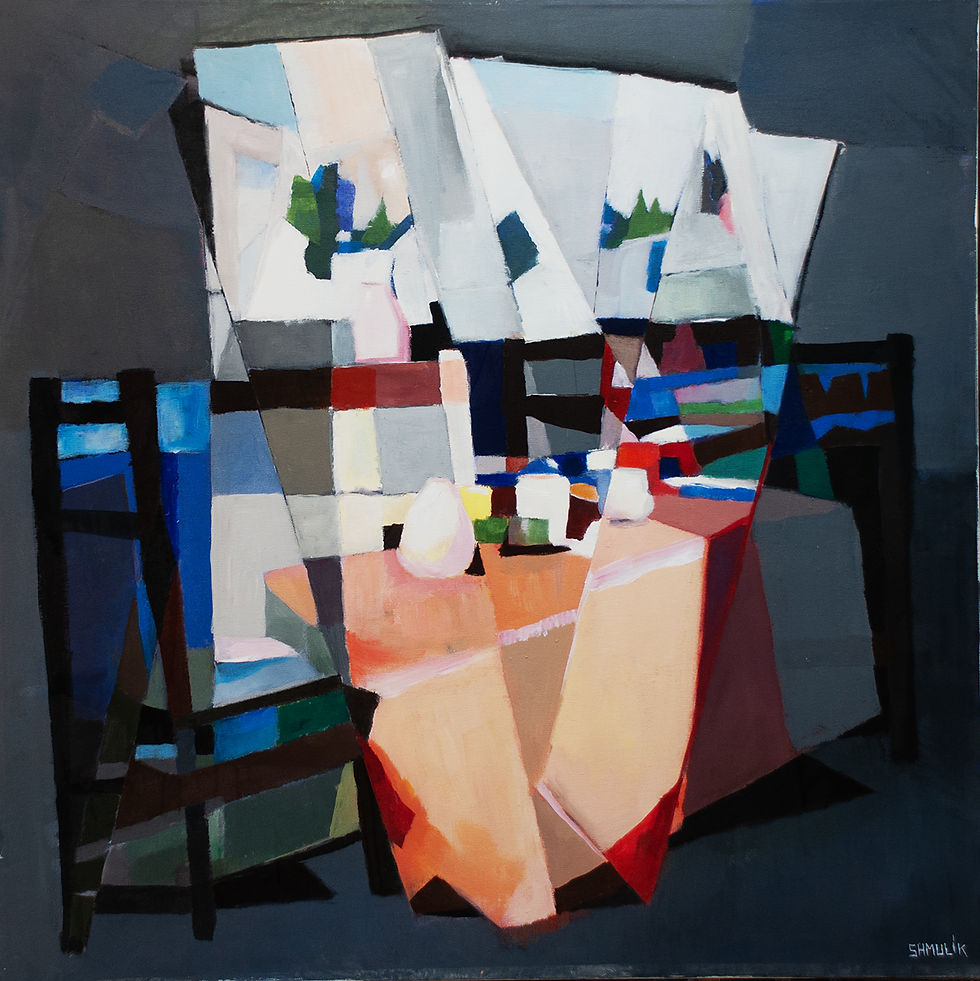 Dinner Table- Oil on Canvas. A geometric abstraction of a dining scene, using a palette of muted and vibrant colors to create a dynamic composition. The fragmented shapes blend, forming a cubist representation. Explore the interplay between light, shadow, and form in this modernist interpretation of a familiar setting.
Artist: Samuel
Original size: 100 by 100 cm