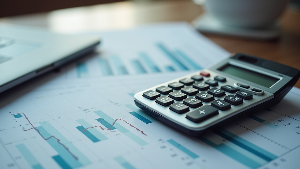 High angle view of a calculator and financial charts on a desk