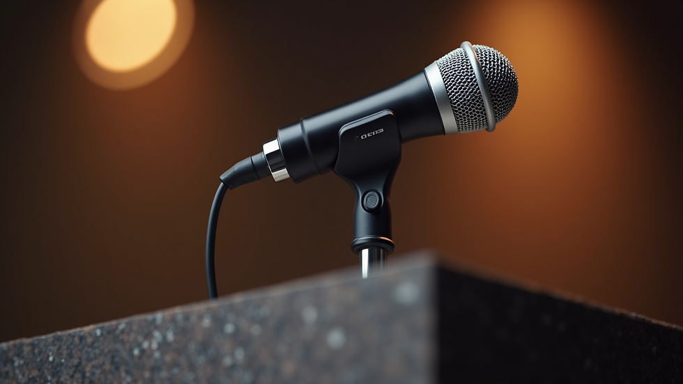 Close-up view of a microphone on a podium ready for a speaker