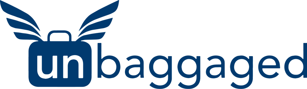 blue text with unbaggaged logo with no background