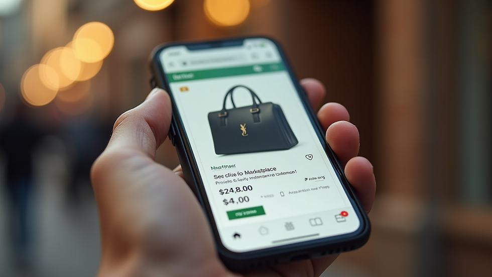 Close-up of a smartphone showing a product listing on Marce Marketplace