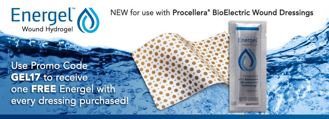 A website banner for Energel™ Wound Hydrogel, featuring a water-themed background, an open Procella® BioElectric Wound Dressing, and a sachet of Energel™. Bold text highlights a GEL17 promo code for a free product offer with every dressing purchase.