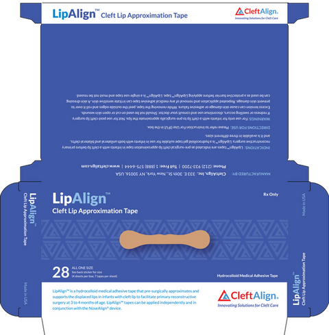 A packaging design for LipAlign™ Cleft Lip Approximation Tape, featuring a blue background with a subtle geometric pattern, a centered image of the adhesive tape, and clear typography. The CleftAlign logo and tagline, "Innovating Solutions for Cleft Care," appear on the box, reinforcing the brand’s mission. The packaging includes detailed product information, application instructions, and manufacturing details, ensuring clarity for healthcare professionals and caregivers.