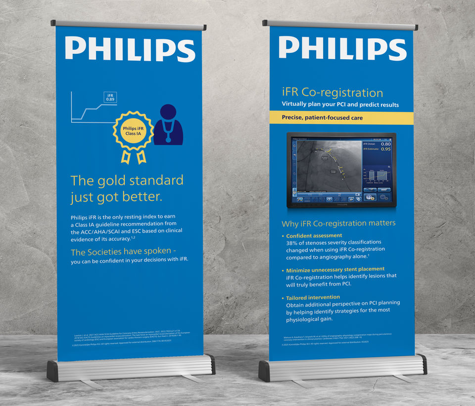 Two vertical trade show banners designed for Philips, featuring branded graphics and messaging for their iFR technology. Layout optimized for telescoping banner stands with clear visual hierarchy and compliance with display size specifications.