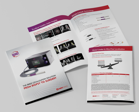 A redesigned SCOUT® Radar Localization brochure with a sleek, modern cover featuring the medical device, alongside an open spread showcasing improved visuals, imaging technology, and simplified clinical data.