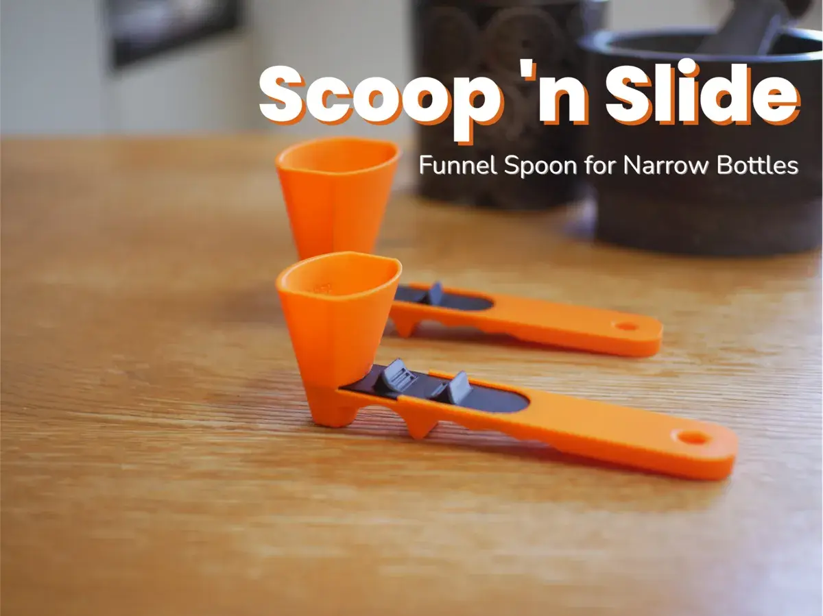 Scoop 'n Slide Funnel Spoon — primary product photo, 3D-printed kitchen tool by Tactform Ventures
