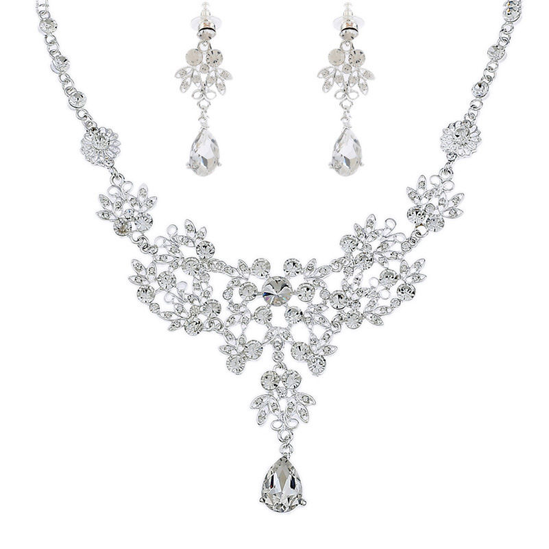 Thumbnail: Beautiful Bride Necklace and Earring Set with Crown