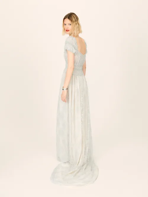 reformation silvery green floor length dress