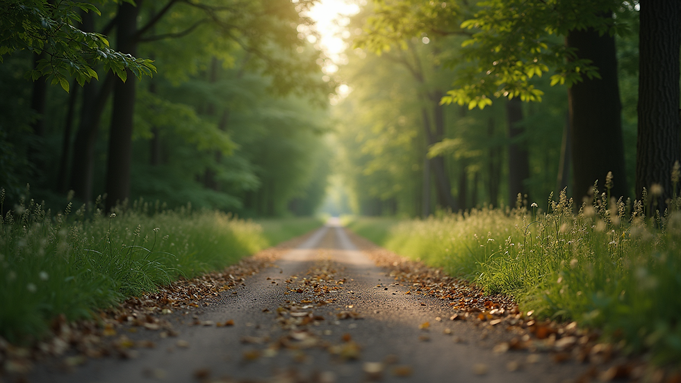 Eye-level view of a serene nature path surrounded by trees