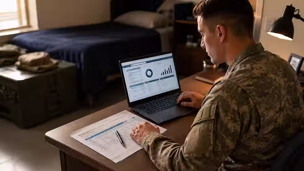 Service member reviewing a pay statement and Thrift Savings Plan contribution percentage on a laptop.