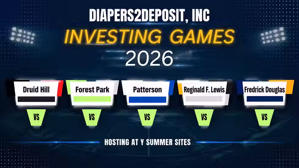 Investing Games 2026 tournament poster featuring Diapers2Deposit, Inc. and participating Y Summer Sites: Druid Hill, Forest Park, Patterson, Reginald F. Lewis, and Frederick Douglass.